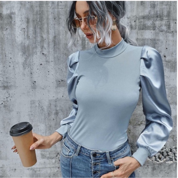 Ribbed Long Sleeve Puff Top- BLUE - Picture 5 of 13